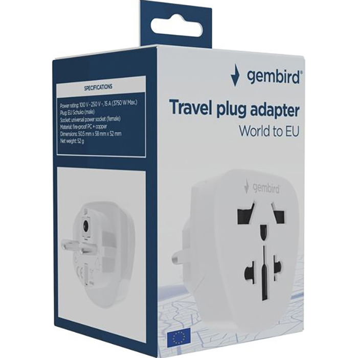 Універсальний дорожній перехідник GEMBIRD Travel Plug Adapter World to EU White (A-AC-EUMINTF)