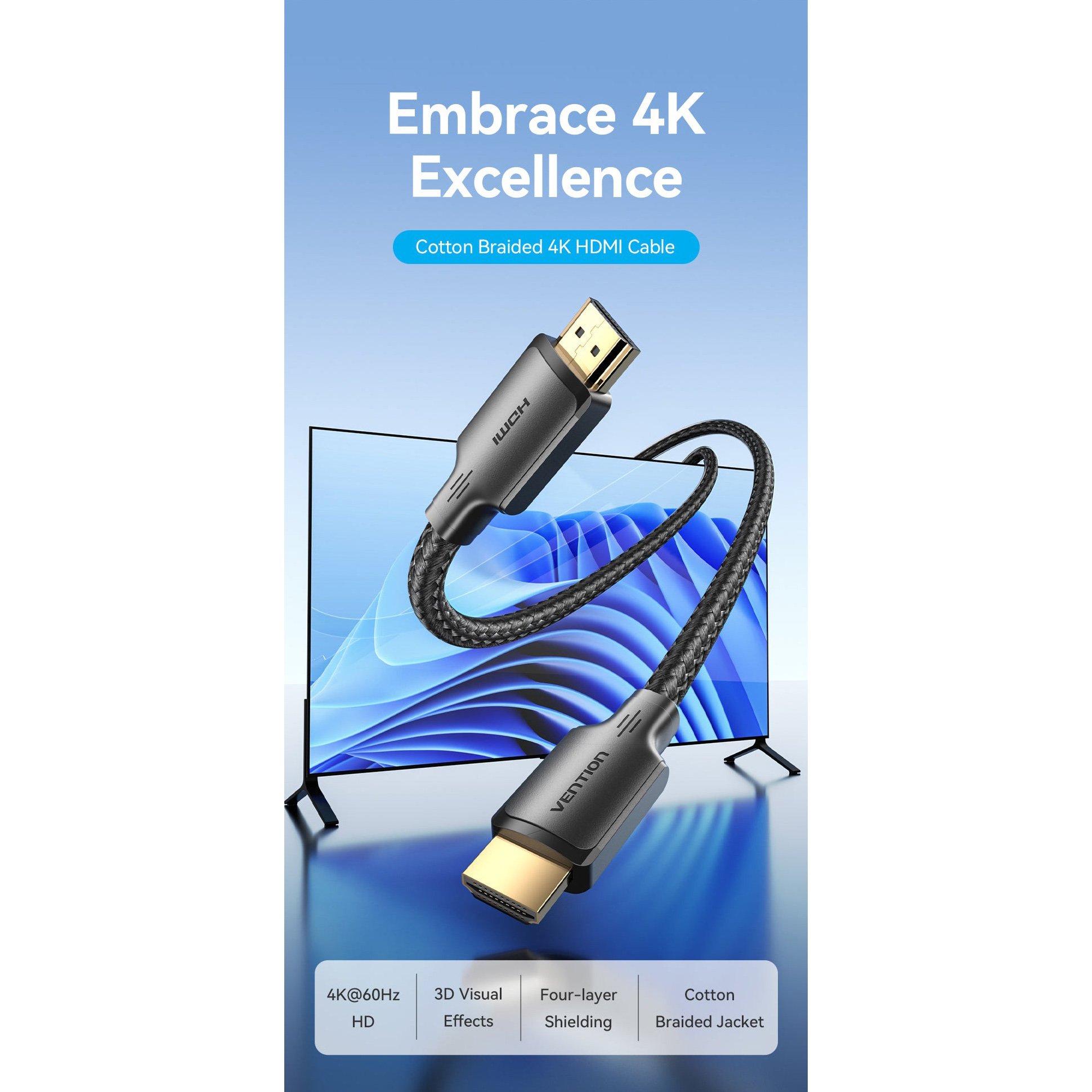 Кабель VENTION Cotton Braided 4K HDMI v2.0 2м Black (ALLBH)