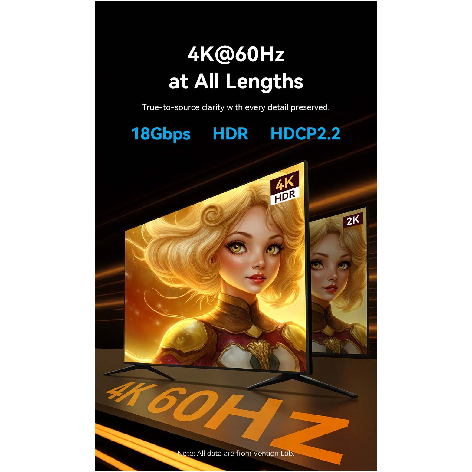 Кабель оптический (AOC) VENTION 4K Fiber Optic Cable HDMI v2.0 60м Black (ALSBAE)