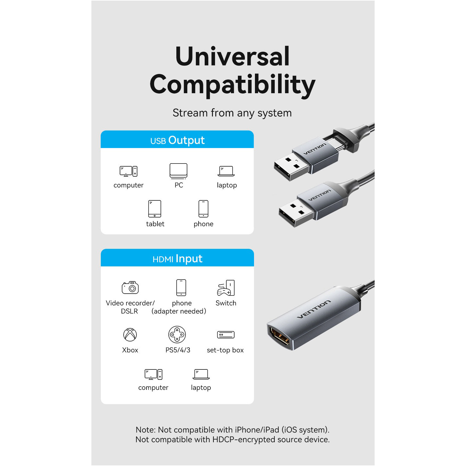 Пристрій відеозахоплення VENTION HDMI to USB-C/USB-A Capture Card