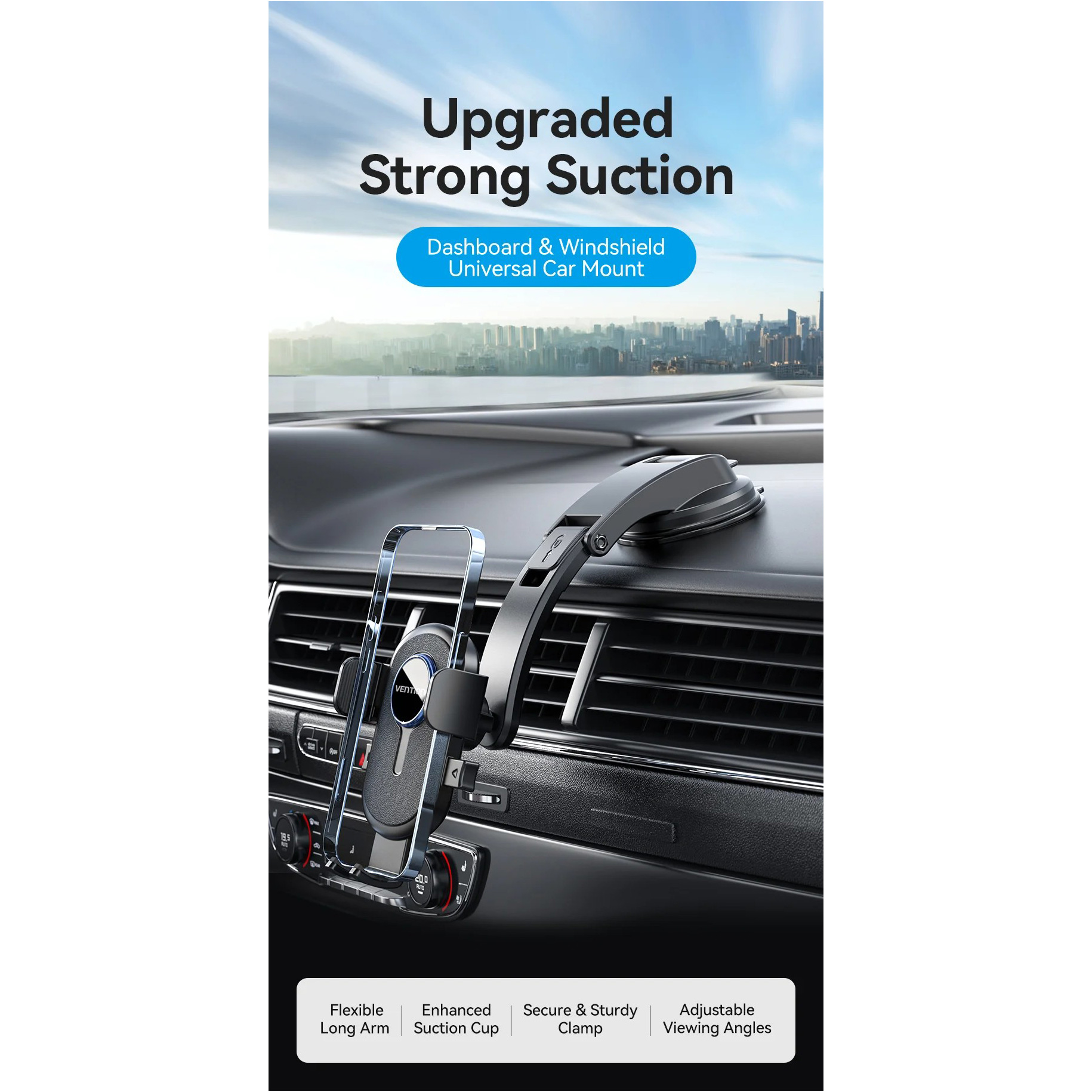 Автотримач для смартфона VENTION One Touch Clamping Car Phone Mount with Suction Cup Mount Bracket Black (KSCB0)