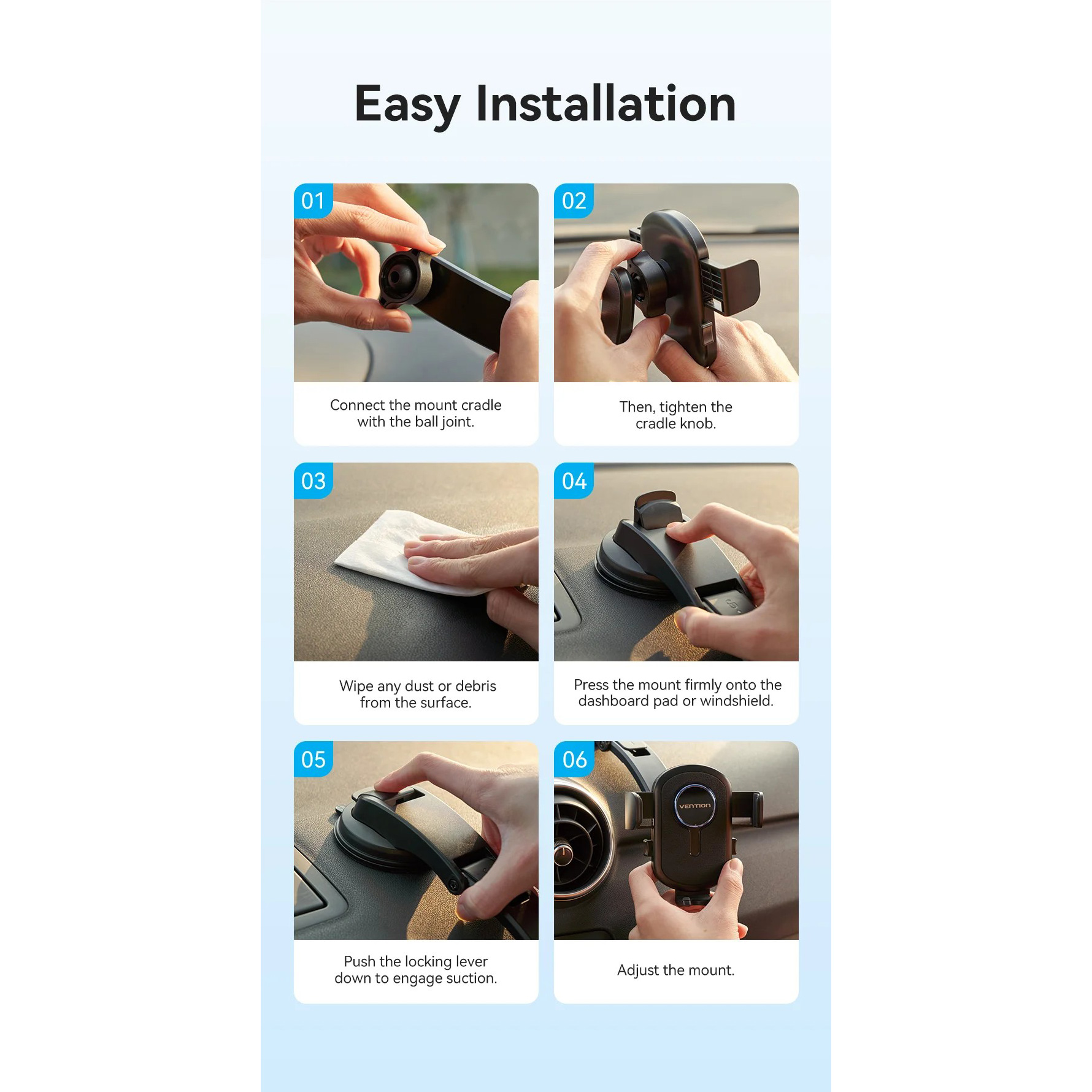 Автотримач для смартфона VENTION One Touch Clamping Car Phone Mount with Suction Cup Mount Bracket Black (KSCB0)