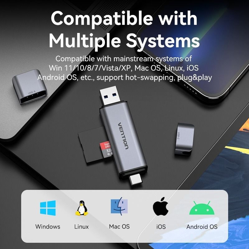 Кардрідер VENTION USB3.0 A+C SD+TF Card Reader Dual Drive Letter Gray (CLLH0)