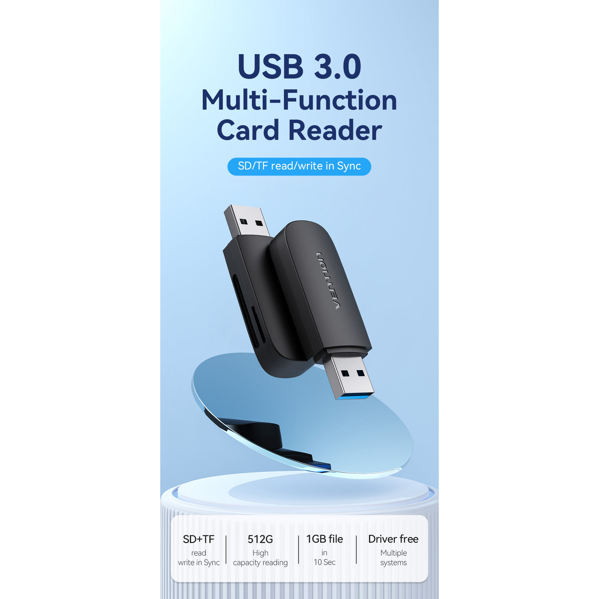 Кардрідер VENTION USB3.0 SD+TF Card Reader Dual Drive Letter Black (CLGB0)