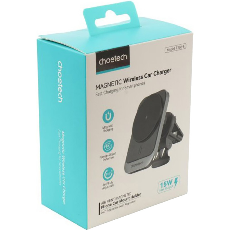 Автотримач з бездротовою зарядкою CHOETECH T206-F Magnetic Wireless Car Charger 15W Black (T206-F-ACBK)