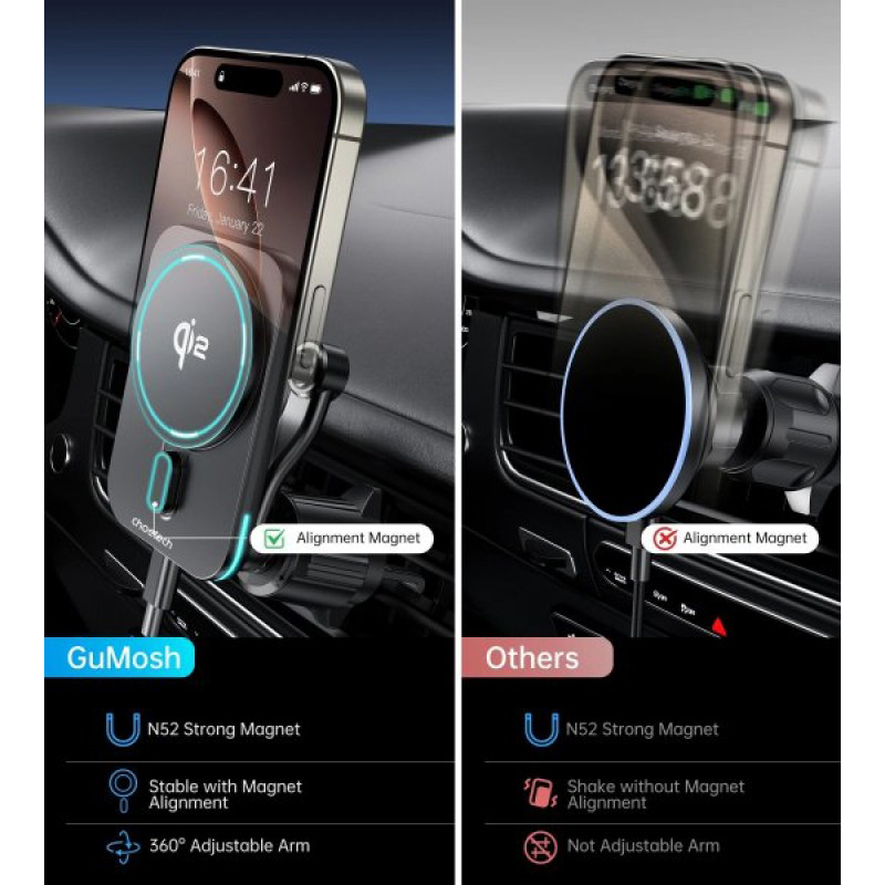 Автотримач з бездротовою зарядкою CHOETECH T231-F Qi2 MagLeap Wireless Car Charger 15W (T231-F-101XACBK)