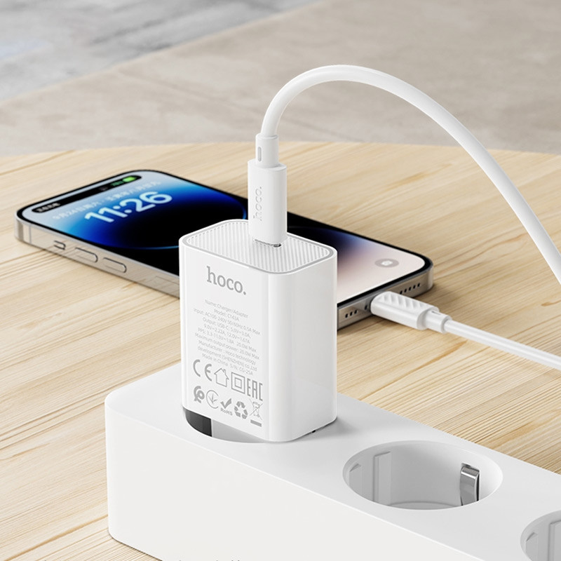 Зарядное устройство HOCO C143A Benefit 1xUSB-C, PD20W White w/Type-C cable (6942007652063)