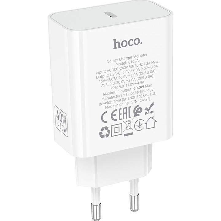 Зарядний пристрій HOCO C162A 1xUSB-C, PD40W White (6942007675222)