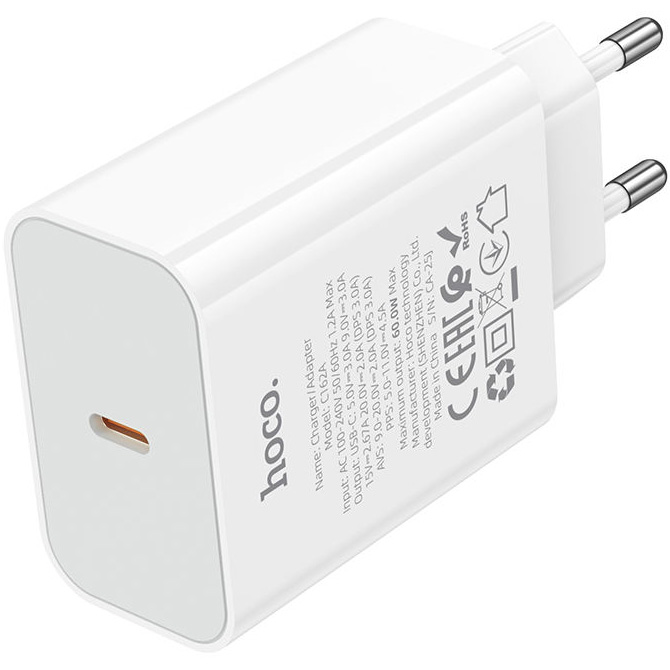 Зарядний пристрій HOCO C162A 1xUSB-C, PD40W White (6942007675222)