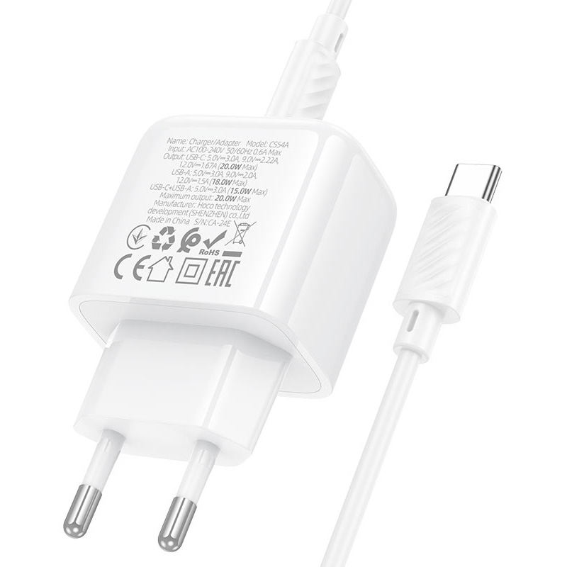 Зарядний пристрій HOCO CS54A Surplus 1xUSB-A, 1xUSB-C, PD20W, QC3.0 White w/Type-C cable (6942007631532)