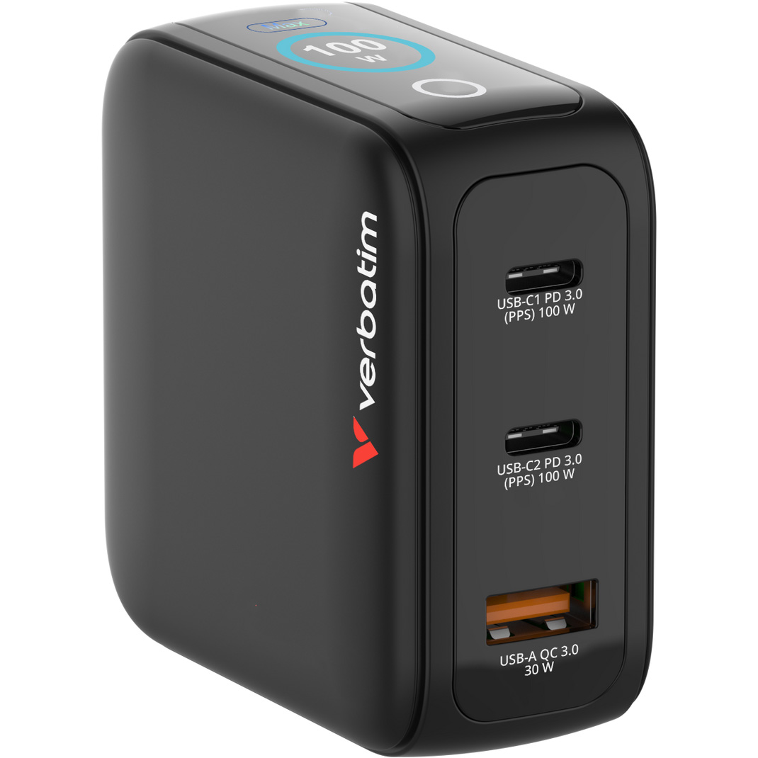 Зарядний пристрій VERBATIM Mini GaN 100W 2xUSB-C, 1xUSB-A, PD3.0, QC3.0 Black