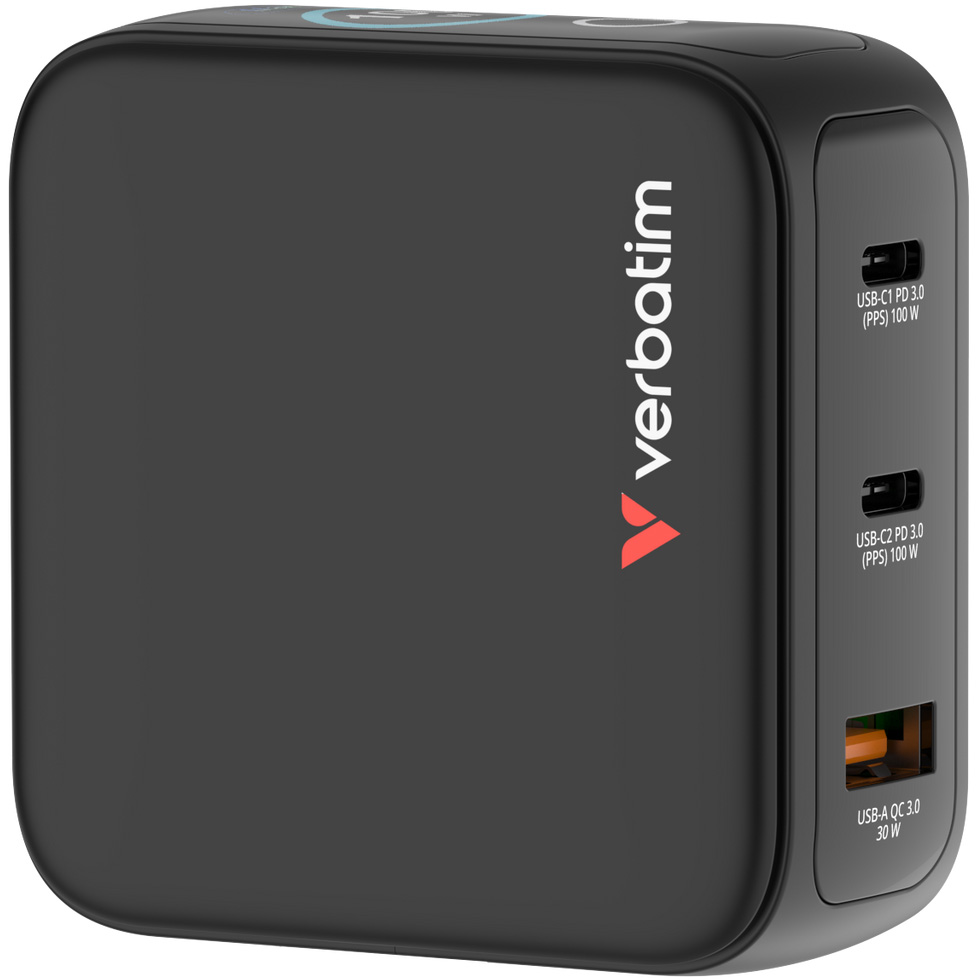 Зарядний пристрій VERBATIM Mini GaN 100W 2xUSB-C, 1xUSB-A, PD3.0, QC3.0 Black
