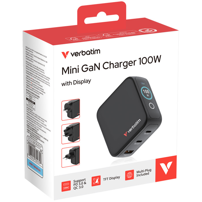 Зарядний пристрій VERBATIM Mini GaN 100W 2xUSB-C, 1xUSB-A, PD3.0, QC3.0 Black