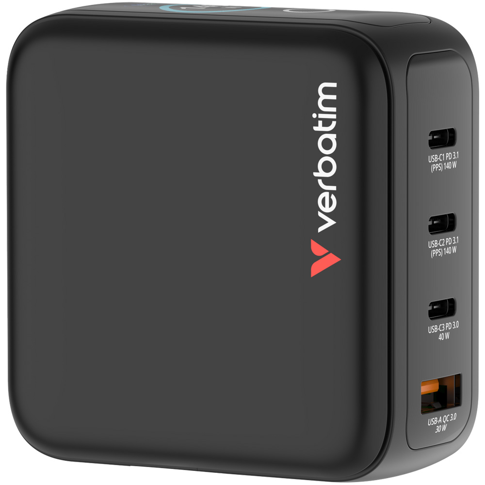Зарядний пристрій VERBATIM Mini GaN 140W 3xUSB-C, 1xUSB-A, PD3.0, QC3.0 Black