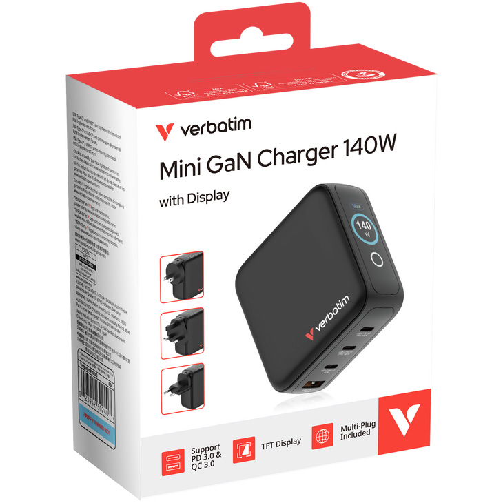 Зарядний пристрій VERBATIM Mini GaN 140W 3xUSB-C, 1xUSB-A, PD3.0, QC3.0 Black
