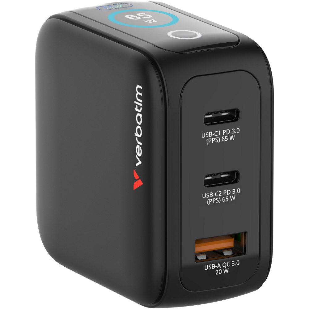 Зарядний пристрій VERBATIM Mini GaN 65W 2xUSB-C, 1xUSB-A, PD3.0, QC3.0 Black
