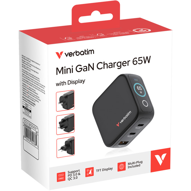Зарядний пристрій VERBATIM Mini GaN 65W 2xUSB-C, 1xUSB-A, PD3.0, QC3.0 Black