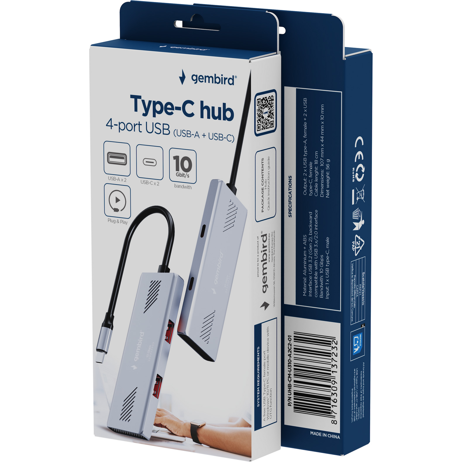 USB-хаб GEMBIRD USB-C to 2xUSB-A, 2xUSB-C 3.2 Gen. 2 Silver (UHB-CM-U310-A2C2-01)