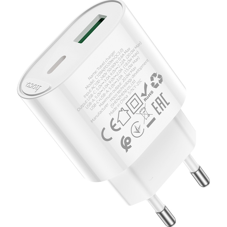 Зарядний пристрій HOCO C109A Fighter 1xUSB-A, 1xUSB-C, PD20W, QC3.0 White (6942007656719)