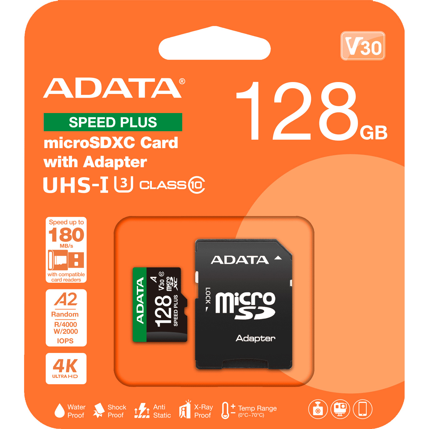 Карта пам'яті ADATA microSDXC Speed Plus 128GB UHS-I U3 V30 A2 Class 10 + SD-adapter (UD128GUI3V30A2SP-RA1)