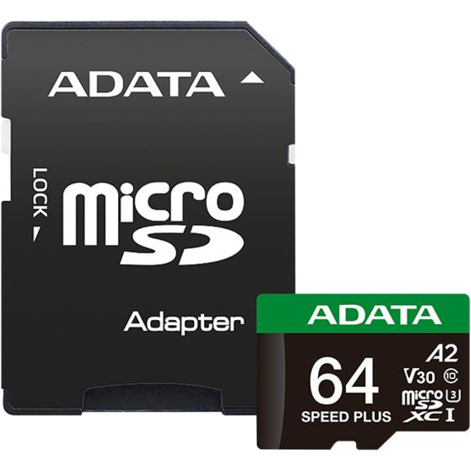 Карта пам'яті ADATA microSDXC Speed Plus 64GB UHS-I U3 V30 A2 Class 10 + SD-adapter (UD64GUI3V30A2SP-RA1)