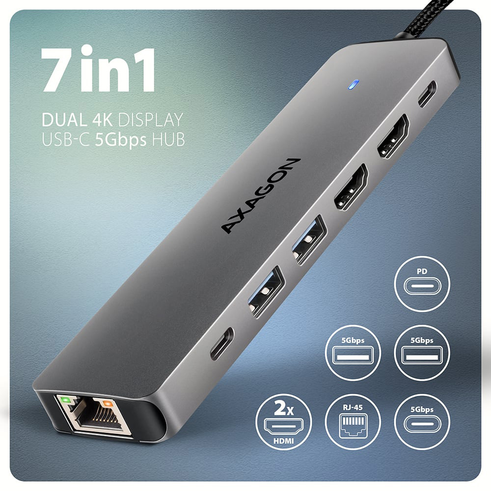 Порт-реплікатор AXAGON 7-in-1 USB-C 5Gbps Dual 4K Display Hub