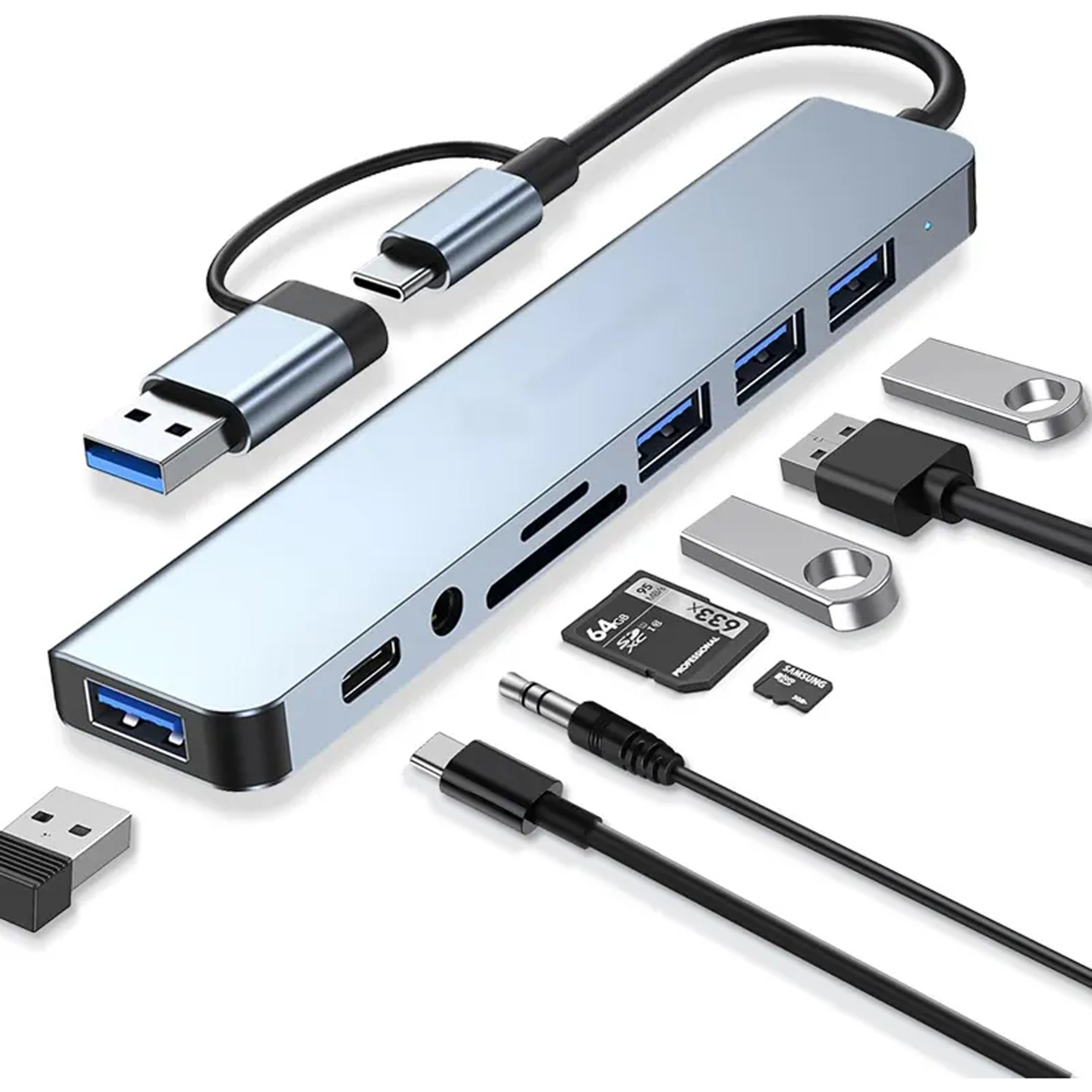 Порт-реплікатор DYNAMODE 8-in-1 USB-C/A to 1xUSB-C2.0, 1xUSB3.0, 3xUSB2.0, 3.5mm audio, SD/TF