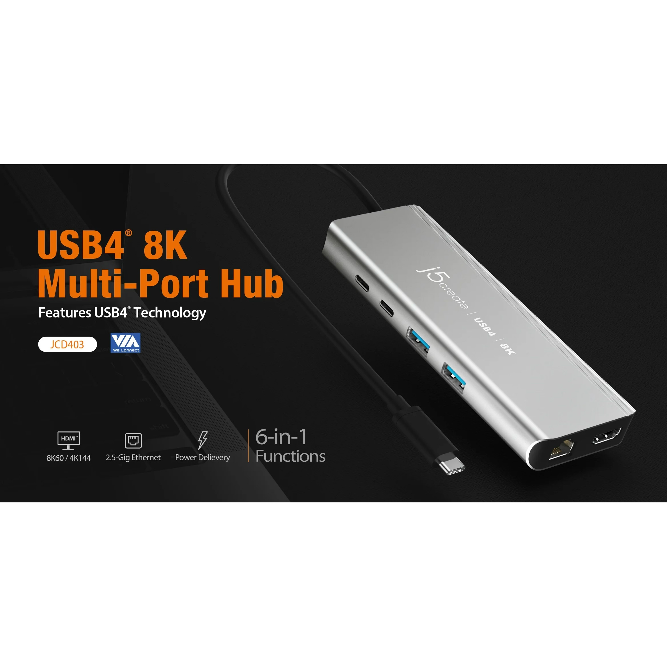 Порт-реплікатор J5CREATE 6-in-1 USB4 8K Multi-Port Hub (JCD403-N)