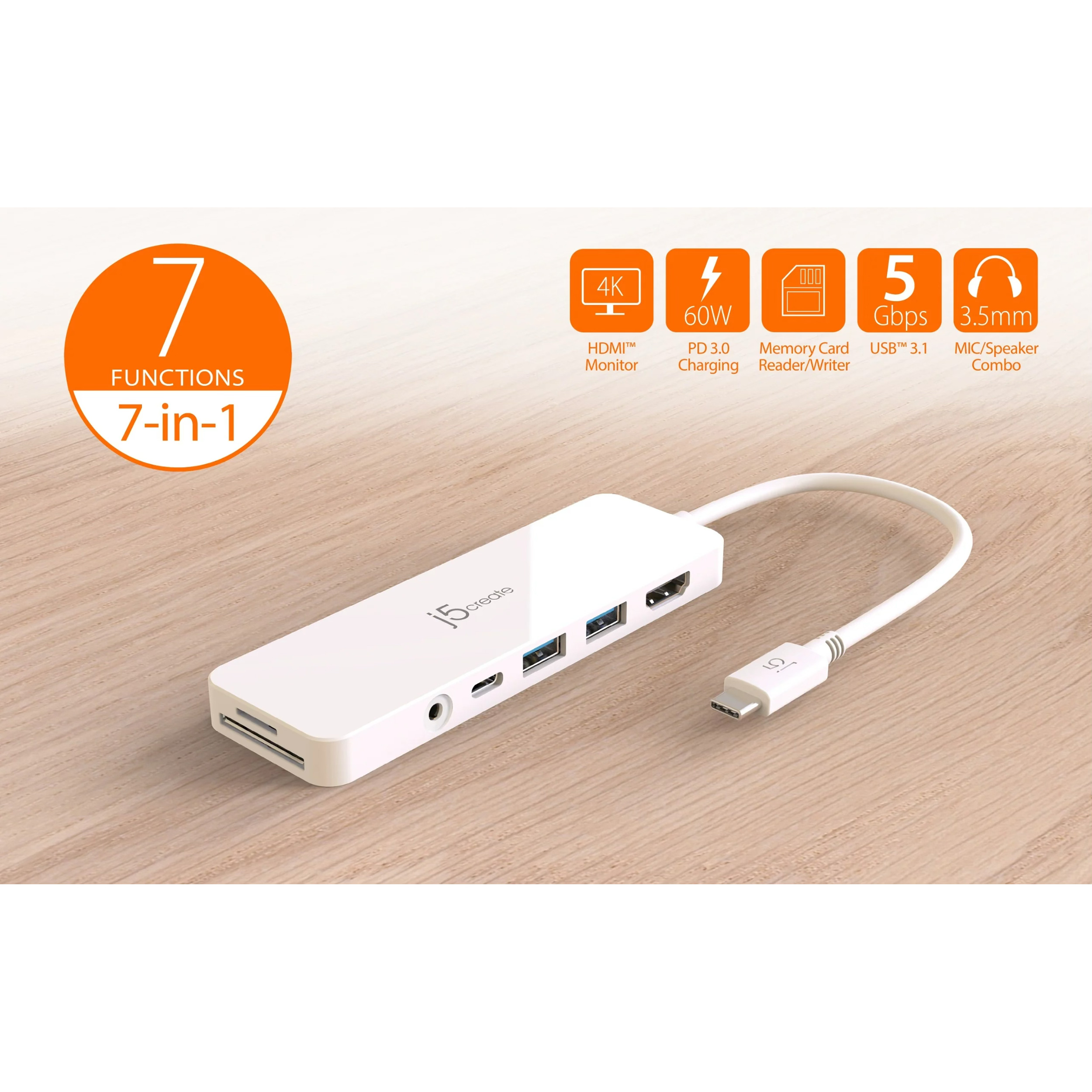 Порт-реплікатор J5CREATE USB-C Multi-Port Hub with PD60W White (JCD373-N)