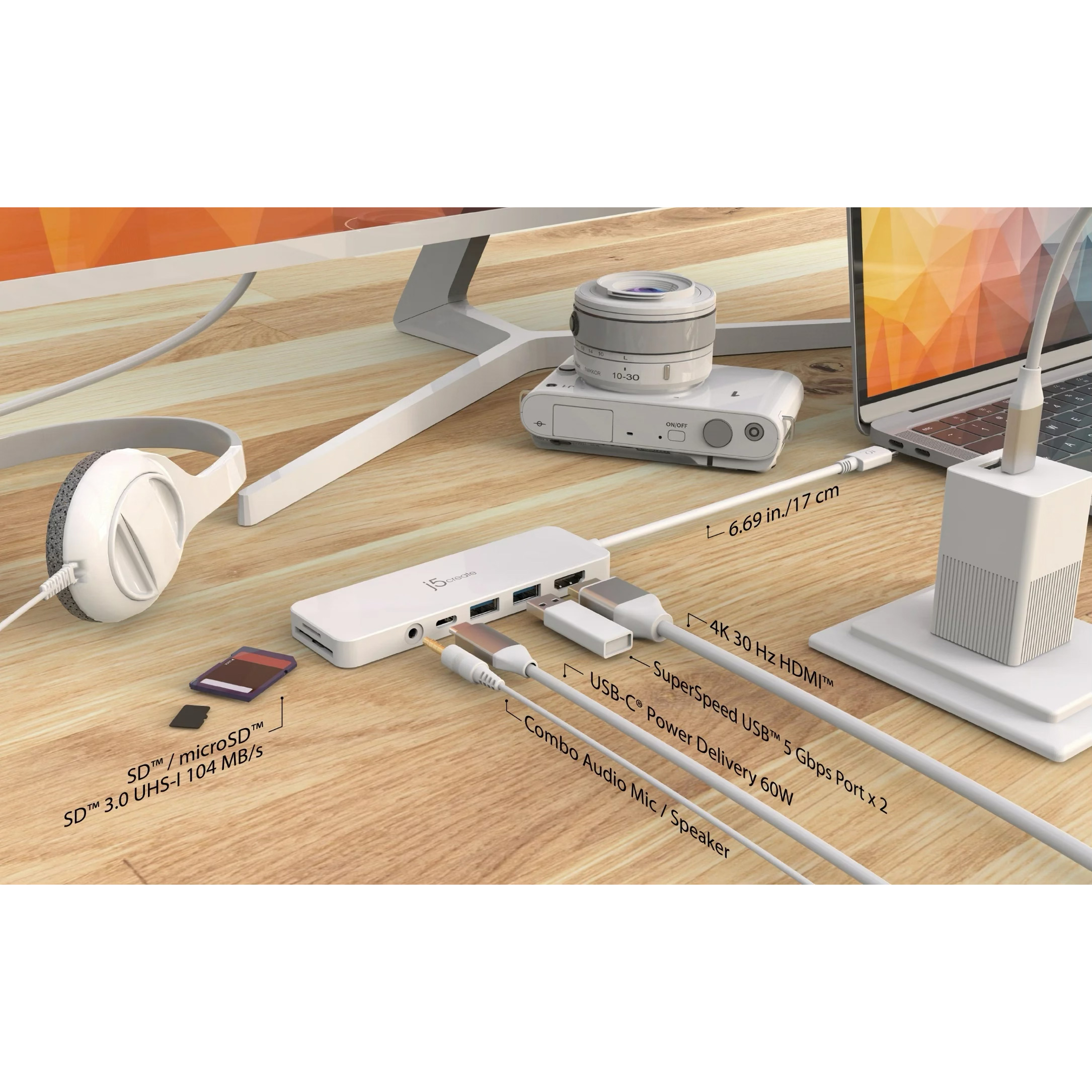 Порт-реплікатор J5CREATE USB-C Multi-Port Hub with PD60W White (JCD373-N)