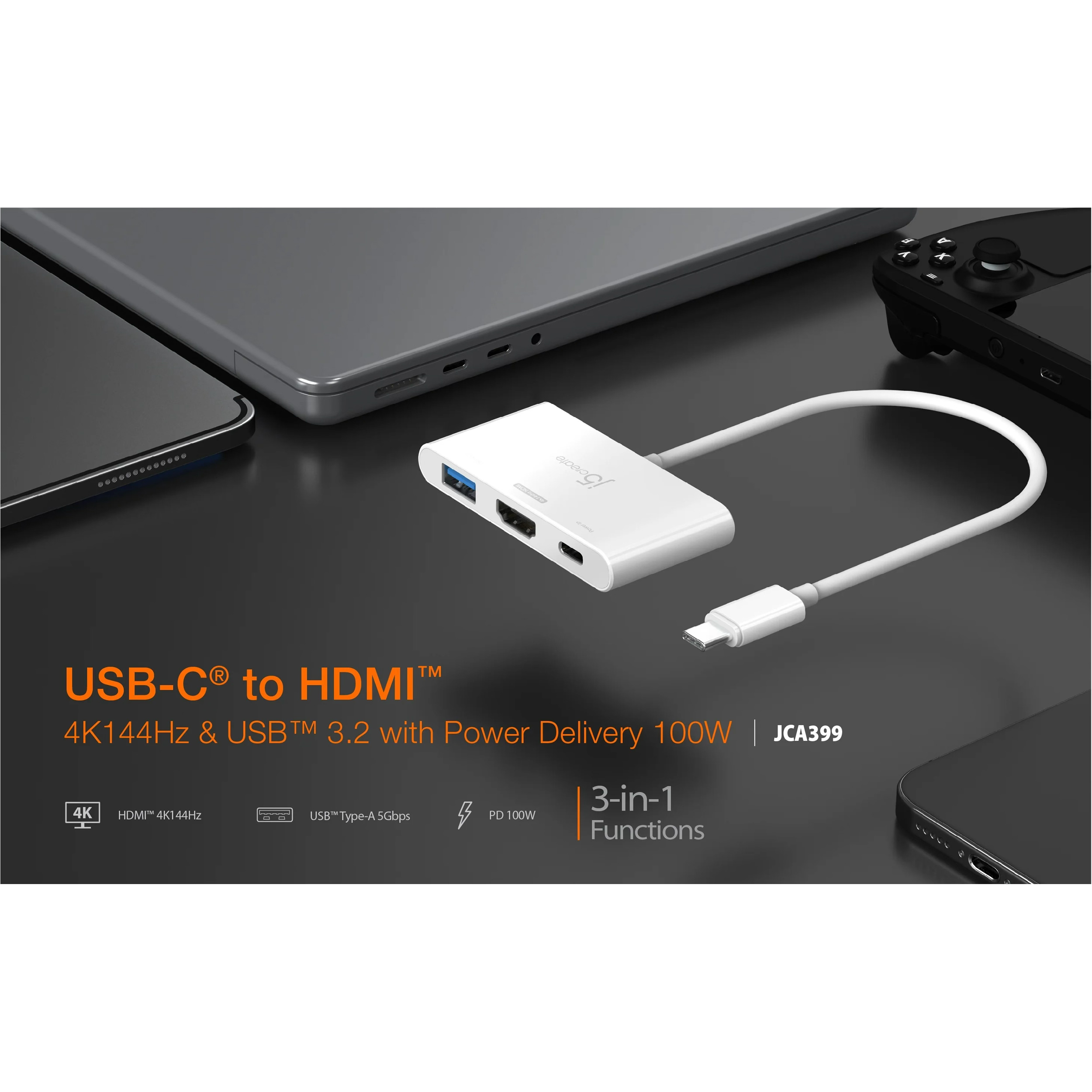 Порт-реплікатор J5CREATE USB-C to HDMI 4K@144Hz & USB3.2 with PD100W Blue (JCA399-N)