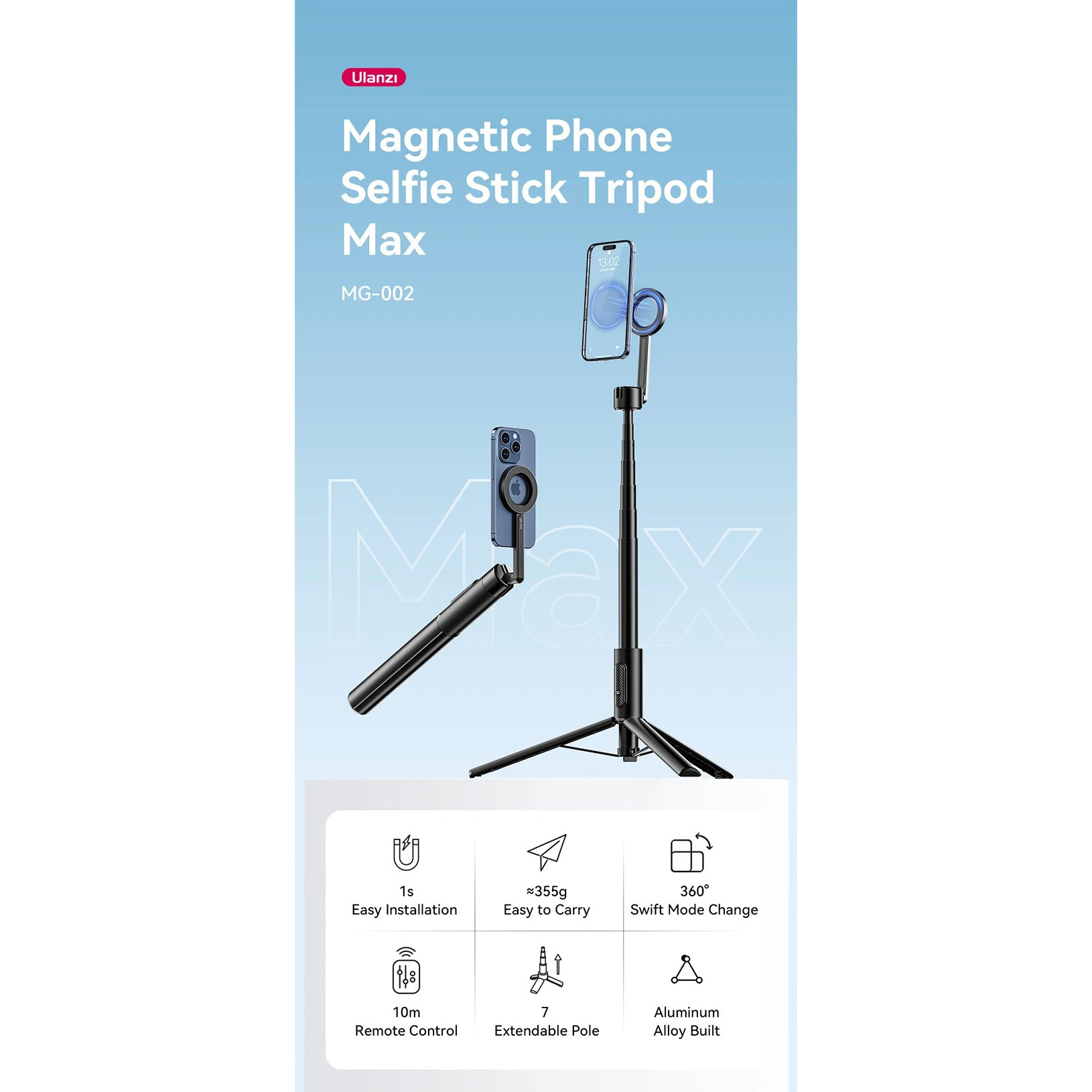 Штатив ULANZI MG-002 Magnetic Phone Selfie Stick Tripod Max Black (M001B)