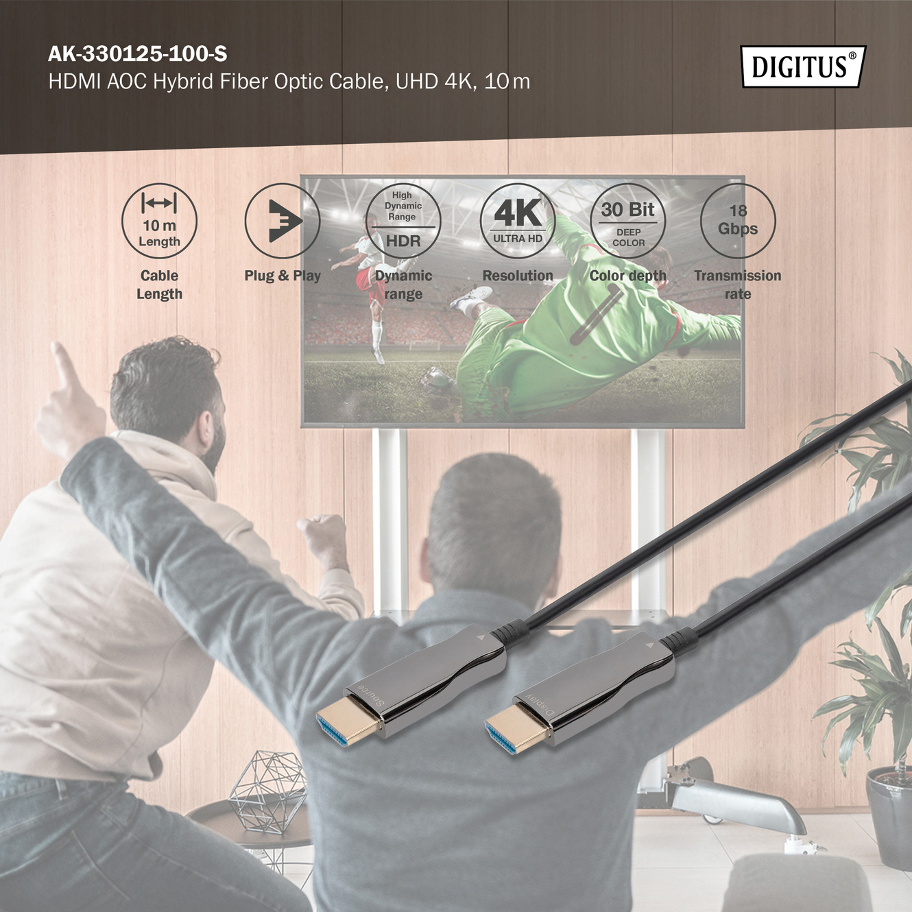 Кабель оптический (AOC) DIGITUS AOC Hybrid Fiber Optic Cable UHD 4K HDMI v2.0 10м Black (AK-330125-100-S)