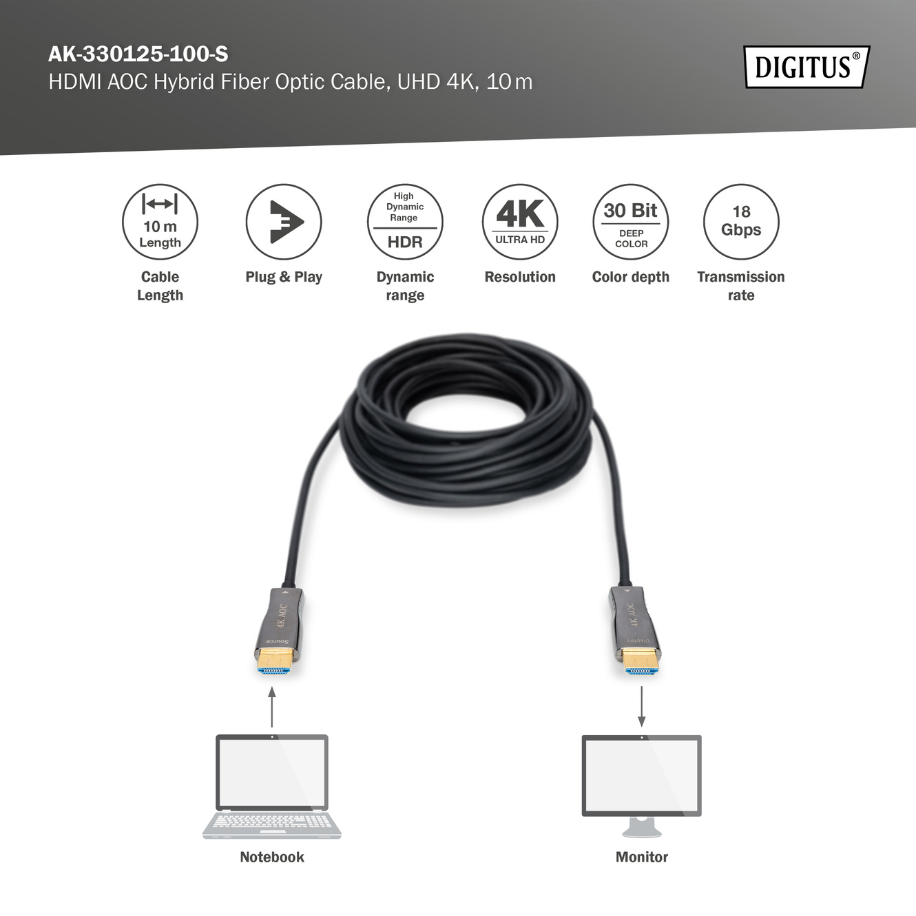 Кабель оптический (AOC) DIGITUS AOC Hybrid Fiber Optic Cable UHD 4K HDMI v2.0 10м Black (AK-330125-100-S)