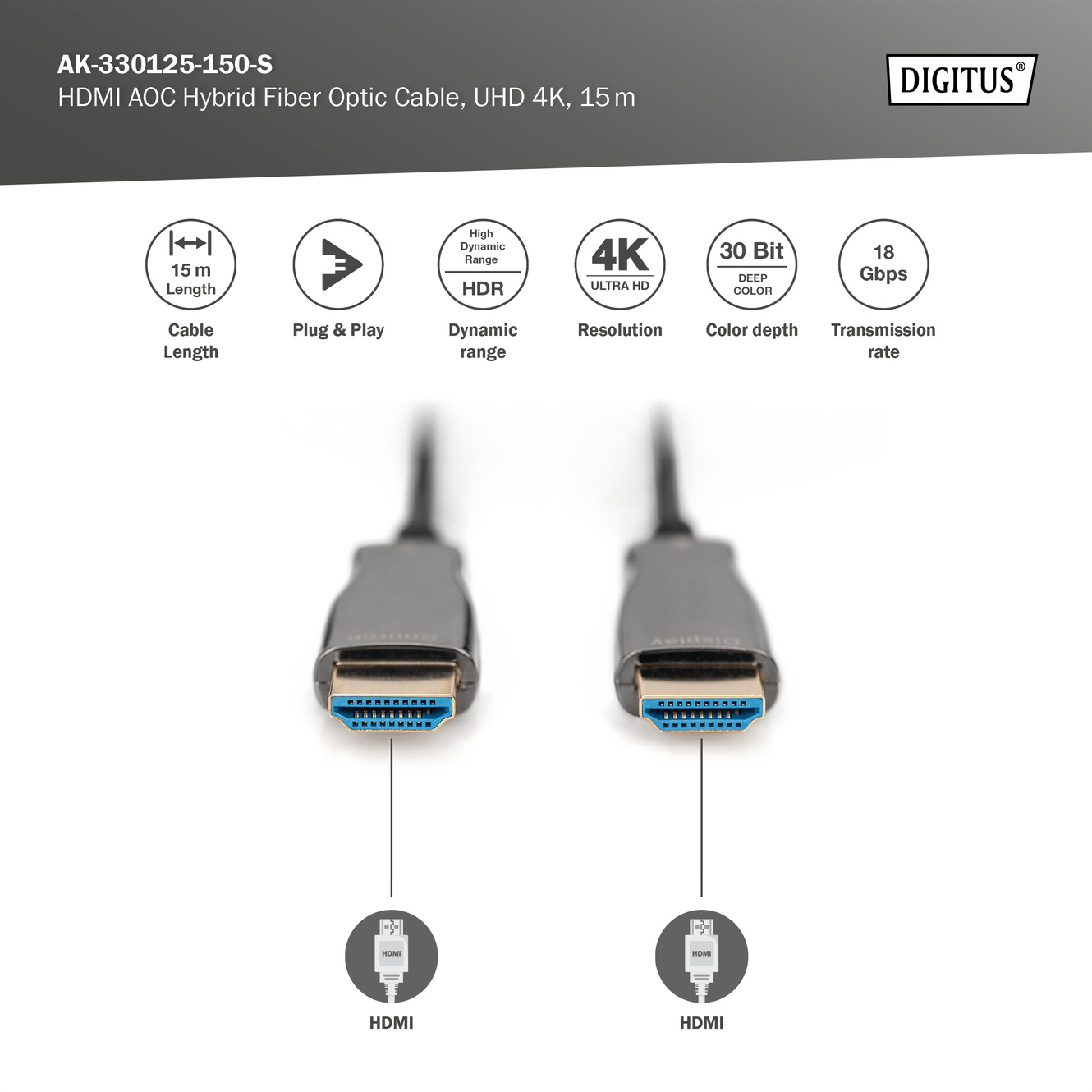 Кабель оптичний (AOC) DIGITUS AOC Hybrid Fiber Optic Cable UHD 4K HDMI v2.0 15м Black (AK-330125-150-S)