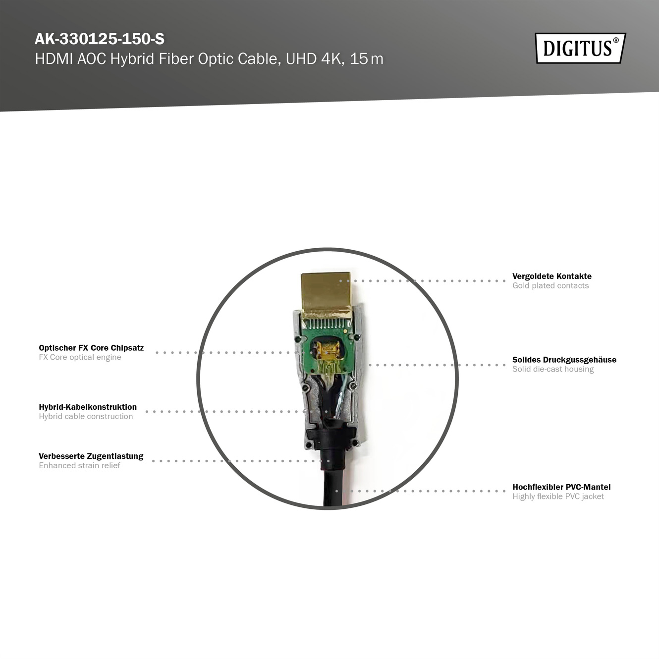 Кабель оптичний (AOC) DIGITUS AOC Hybrid Fiber Optic Cable UHD 4K HDMI v2.0 15м Black (AK-330125-150-S)