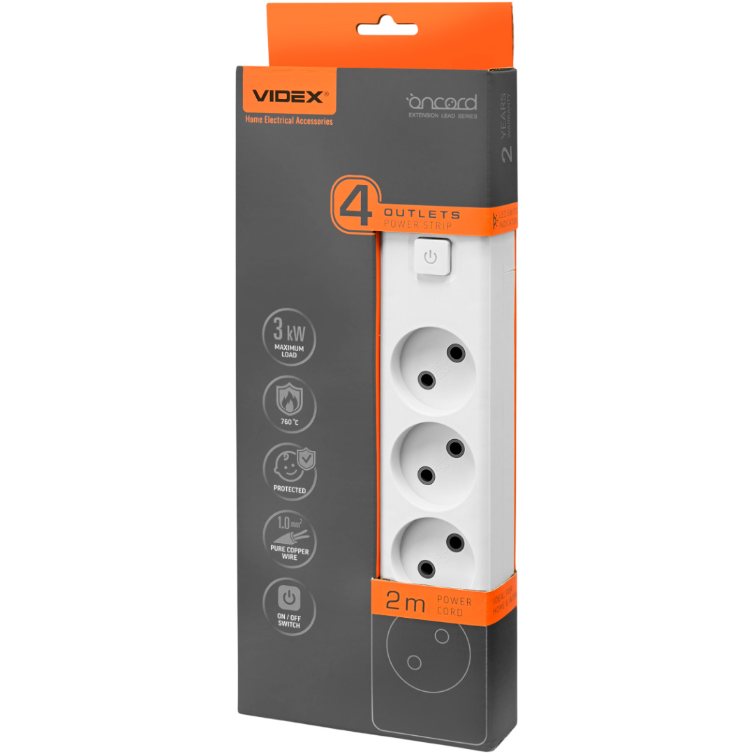 Сетевой фильтр VIDEX Oncord White, 4 розетки, 2м (VF-PD42-W)
