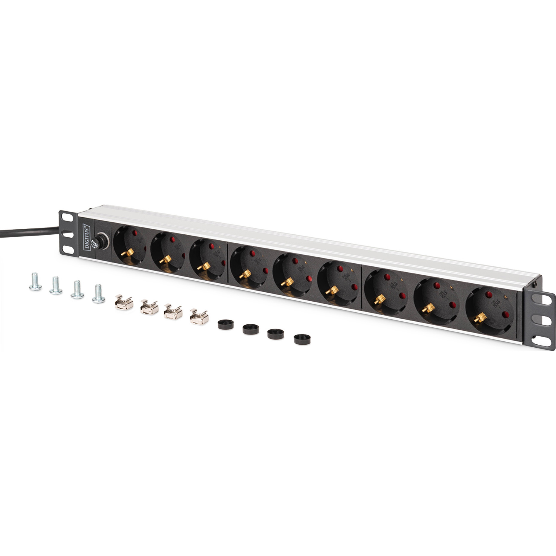 Блок розеток DIGITUS 19" Socket Strip with Aluminum Profile and Back-Up Fuse, 1U, 9xSchuko, 10А, без вимикача, 2м (DN-95437)