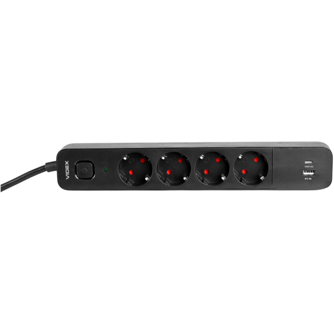 Сетевой фильтр VIDEX Oncord Black, 4 розетки, 1xUSB-C, 1xUSB, 3м (VF-PD43G1QC1PD-B)