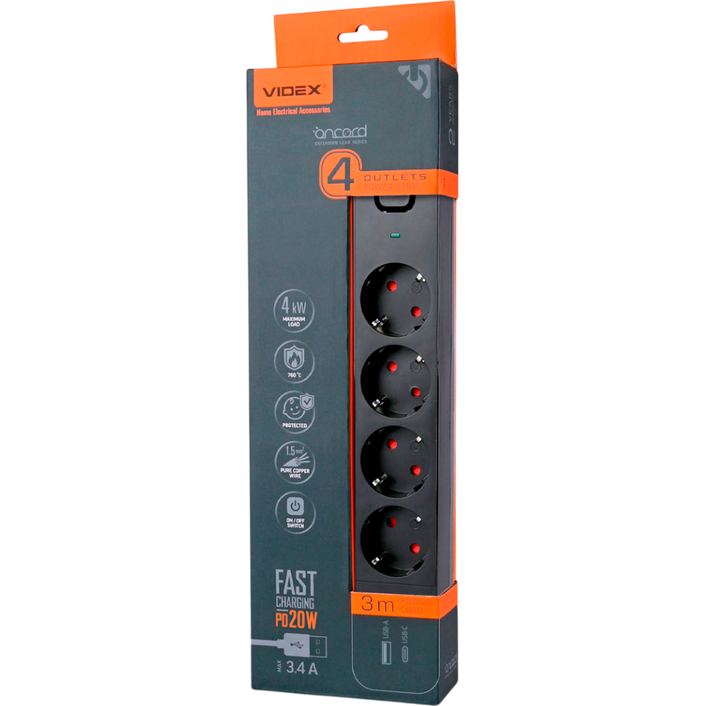 Сетевой фильтр VIDEX Oncord Black, 4 розетки, 1xUSB-C, 1xUSB, 3м (VF-PD43G1QC1PD-B)