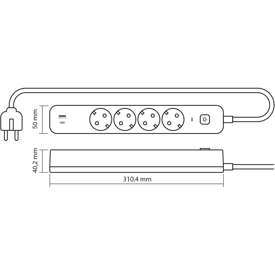 Сетевой фильтр VIDEX Oncord Black, 4 розетки, 1xUSB-C, 1xUSB, 3м (VF-PD43G1QC1PD-B)