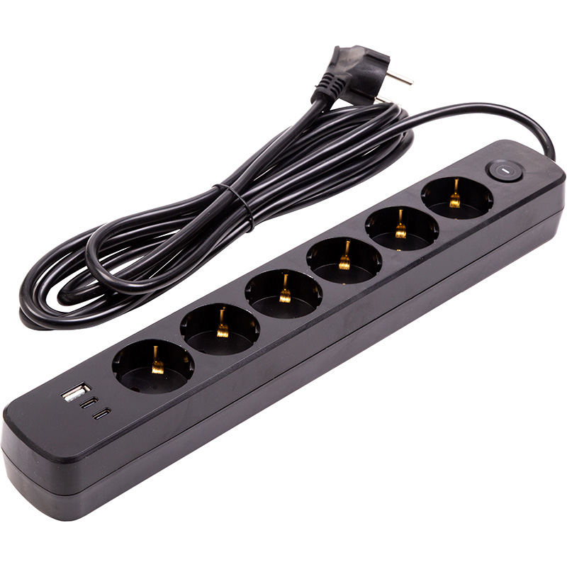Мережевий фільтр POWERPLANT YS-N6086/3c Black, 6 розеток, 2xUSB-C, 1xUSB, 3м (EX610662)