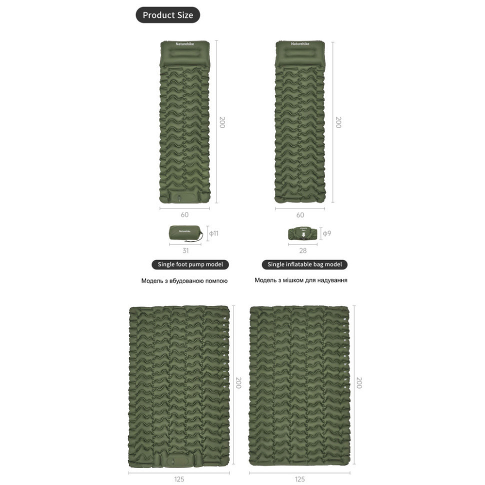Надувний матрац NATUREHIKE CNK2550WS019 200x125 Green (6977465869616)