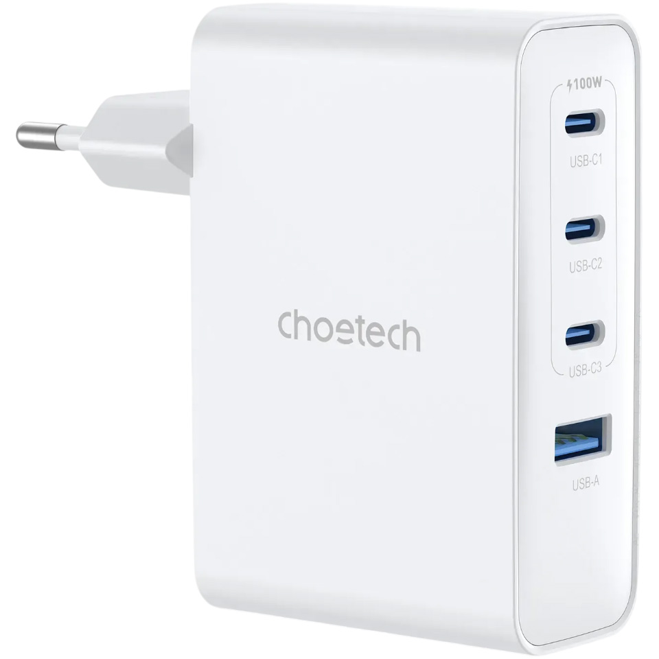 Зарядний пристрій CHOETECH PD9002 100W 3xUSB-C, 1xUSB-A, PD, QC, GaN Wall Charger White
