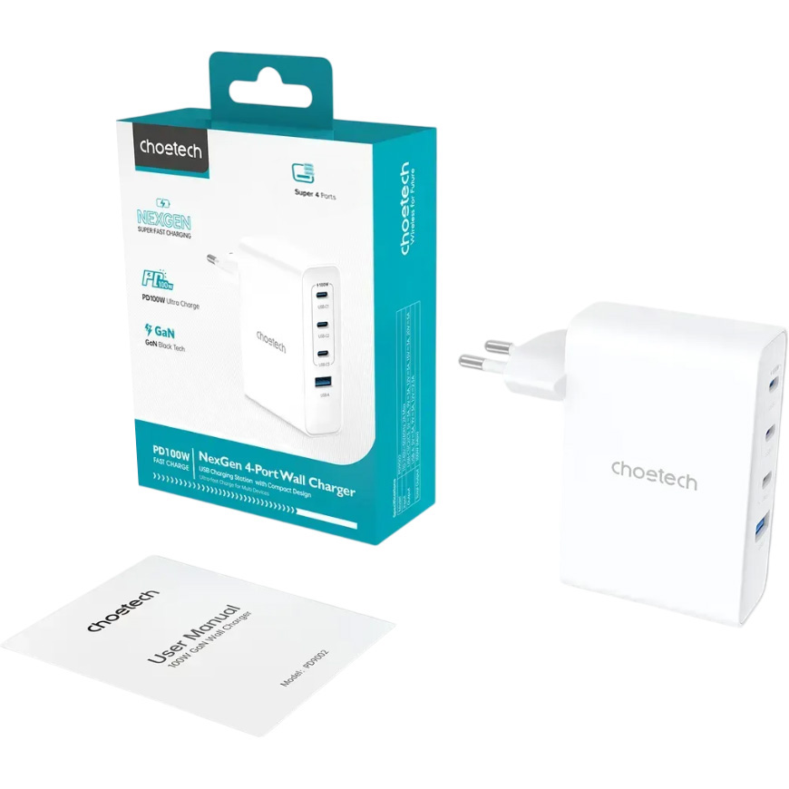 Зарядний пристрій CHOETECH PD9002 100W 3xUSB-C, 1xUSB-A, PD, QC, GaN Wall Charger White