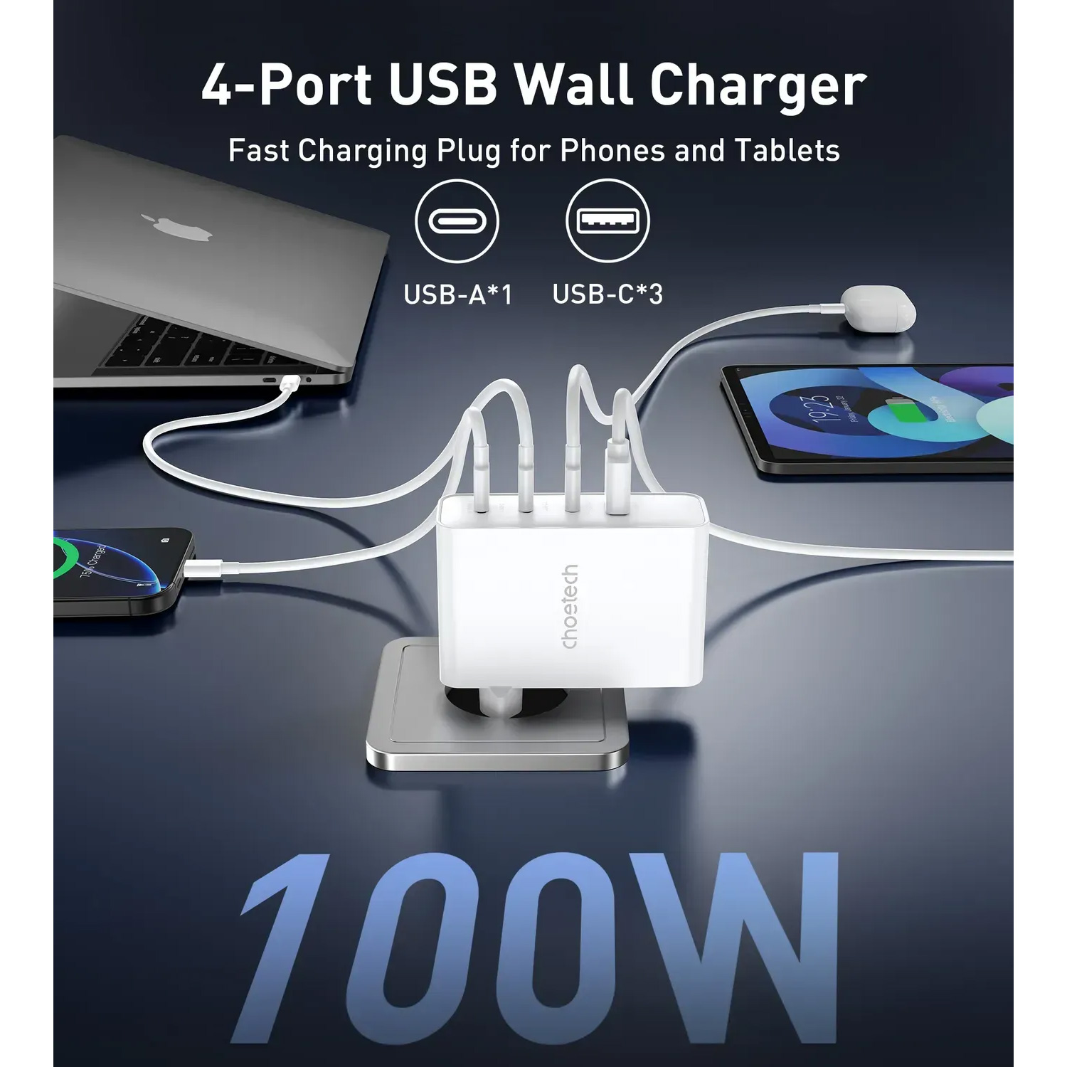 Зарядний пристрій CHOETECH PD9002 100W 3xUSB-C, 1xUSB-A, PD, QC, GaN Wall Charger White