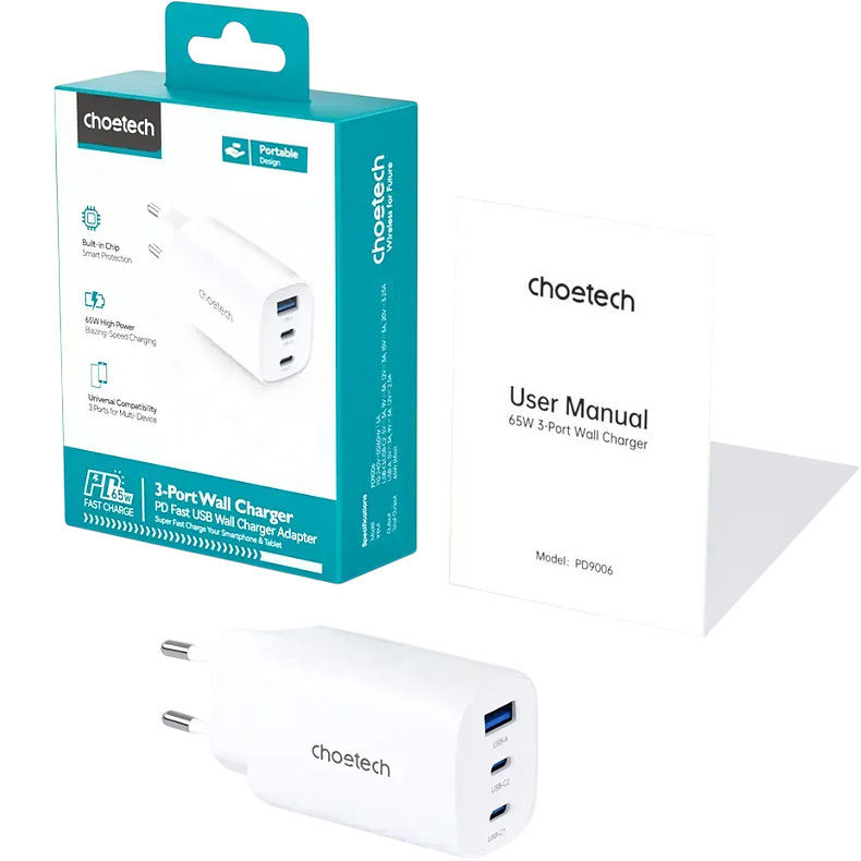 Зарядное устройство CHOETECH PD9006 65W 2xUSB-C, 1xUSB-A, PD, QC, GaN Wall Charger White