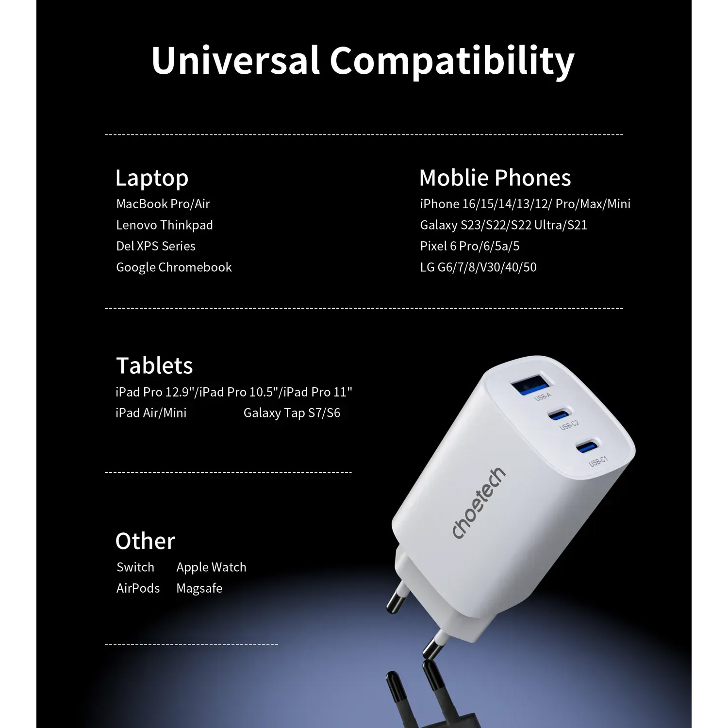 Зарядное устройство CHOETECH PD9006 65W 2xUSB-C, 1xUSB-A, PD, QC, GaN Wall Charger White