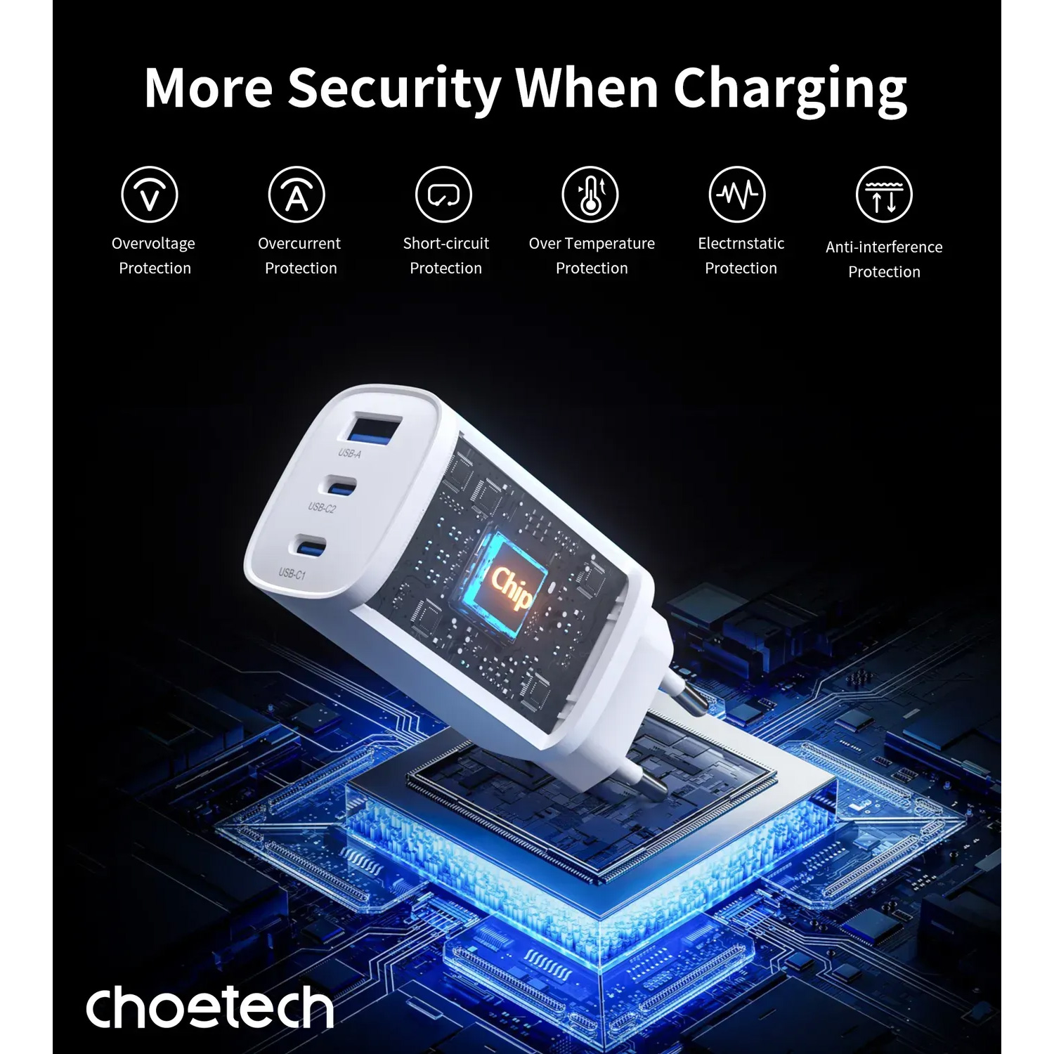 Зарядное устройство CHOETECH PD9006 65W 2xUSB-C, 1xUSB-A, PD, QC, GaN Wall Charger White