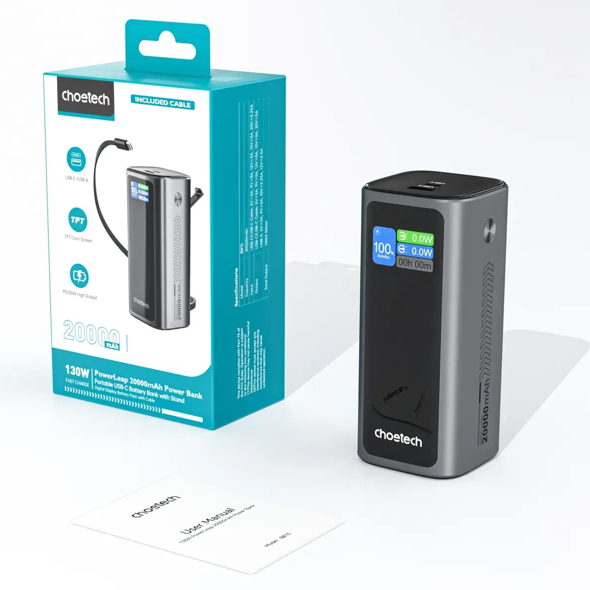 Повербанк CHOETECH B815C 1xUSB-C, 1xUSB-A, PD3.0, QC3.0 with built-in cable USB-C 130W 20000mAh